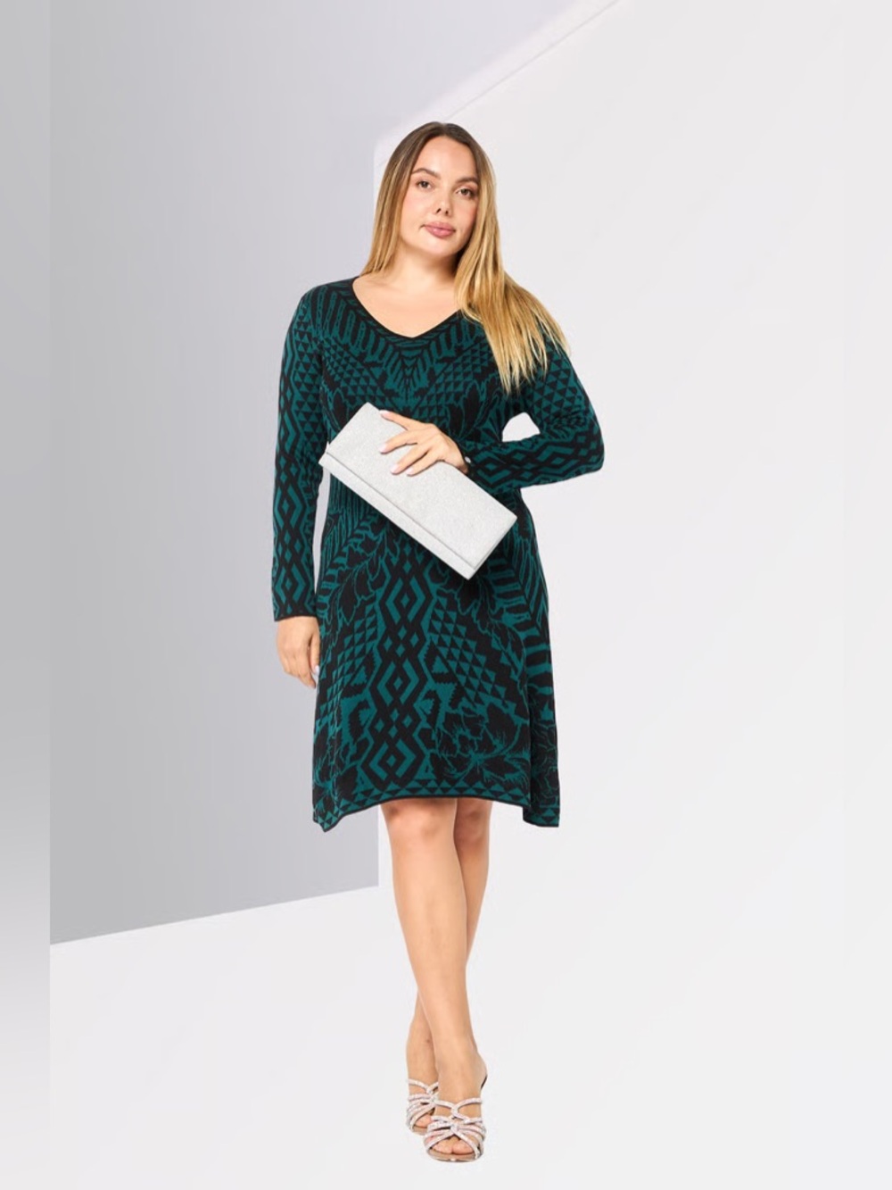Desigual Silk Teal and Black Printed V-Neck Light Knit Sweater Dress